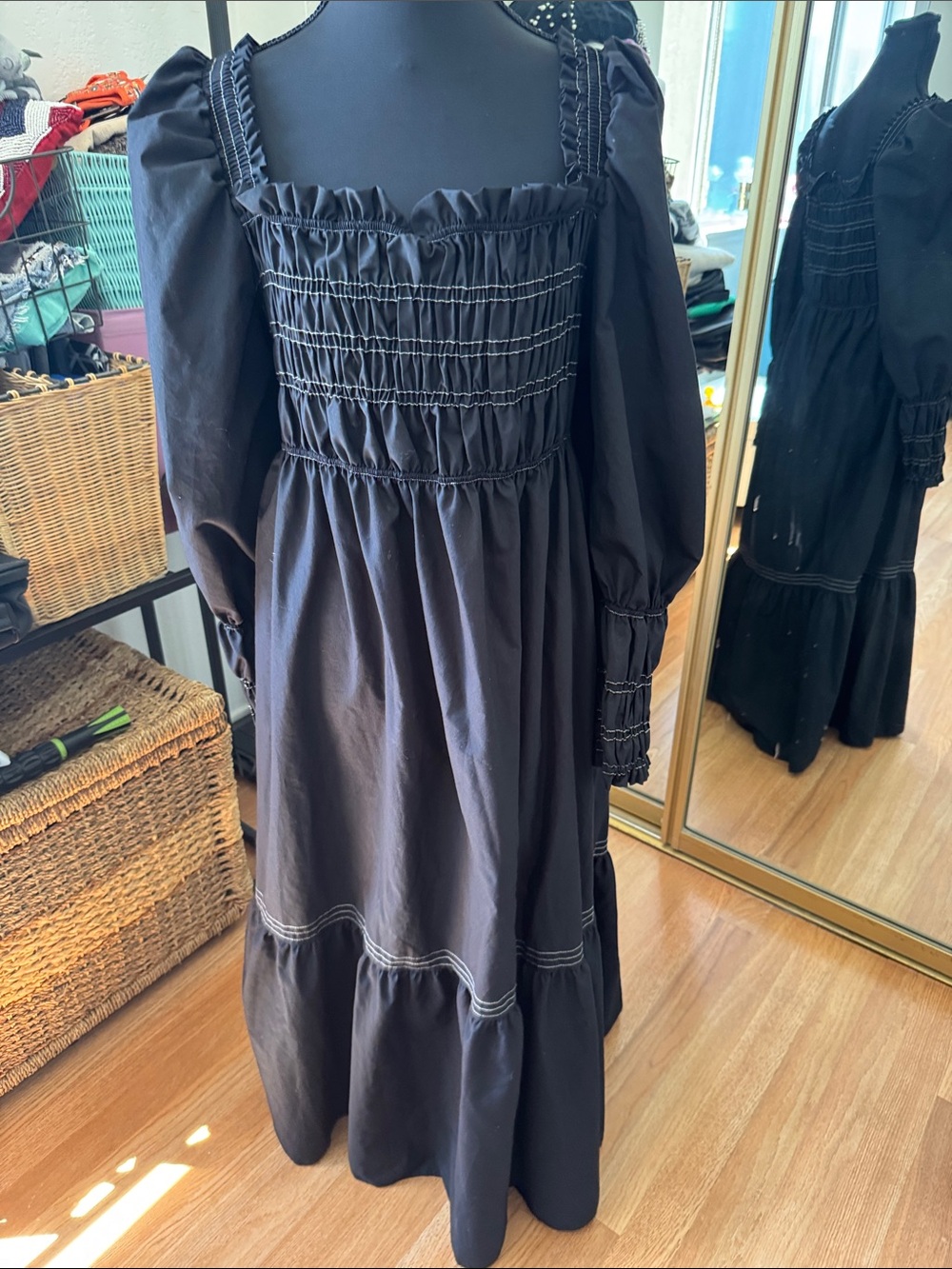Black Smocked Square-Neck Maxi Dress - Brand Unspecified, size 10
